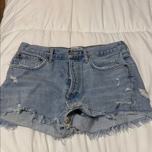 Agolde Frayed Hem Jean Shorts - Light Blue